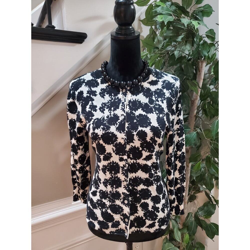 J.Crew Women Black White Floral Cotton Round Neck Long Sleeve Cardigan Sweater M